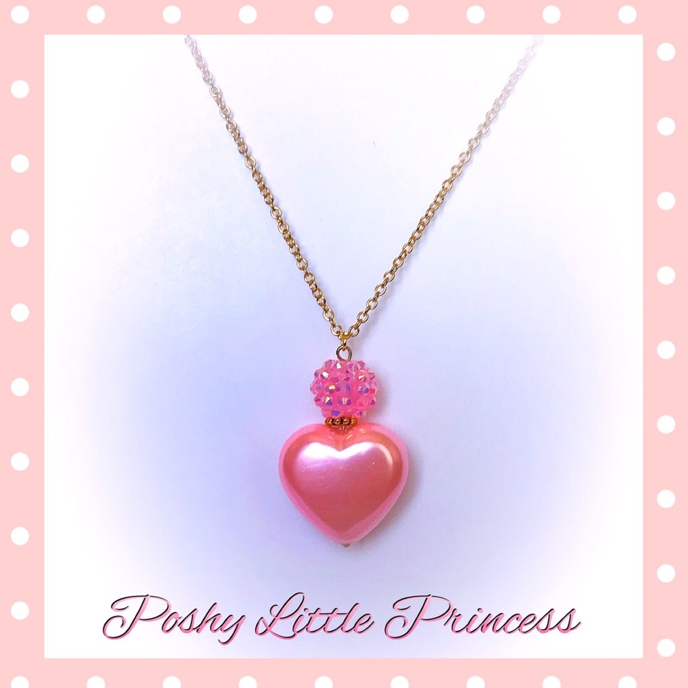 Pearly Pink Puffed Heart Necklace/Earrings…